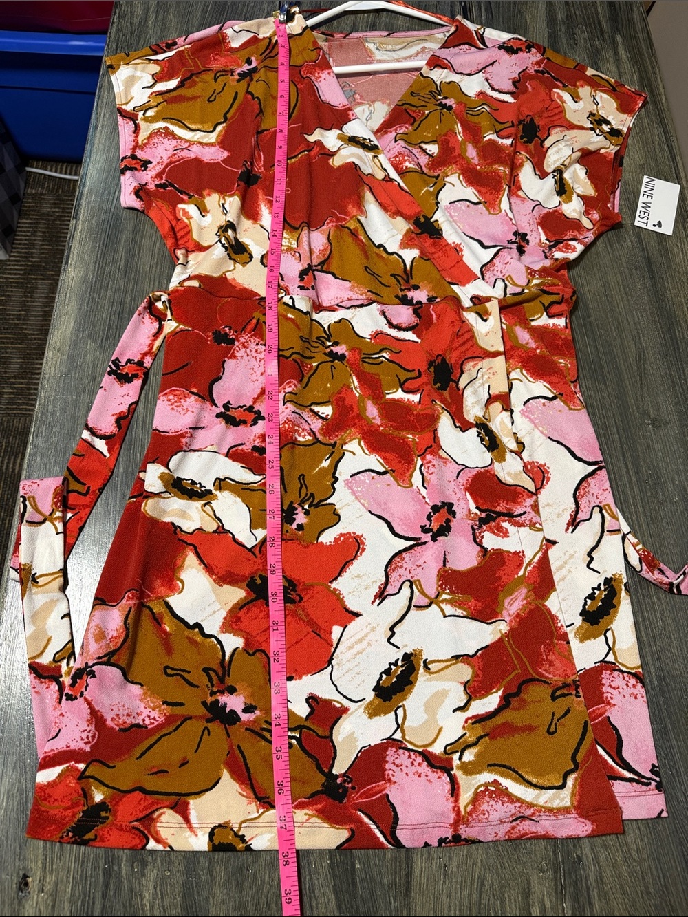 Nine West Floral Wrap Dress in Red, Pink, White, Brown - Picture 13 of 16